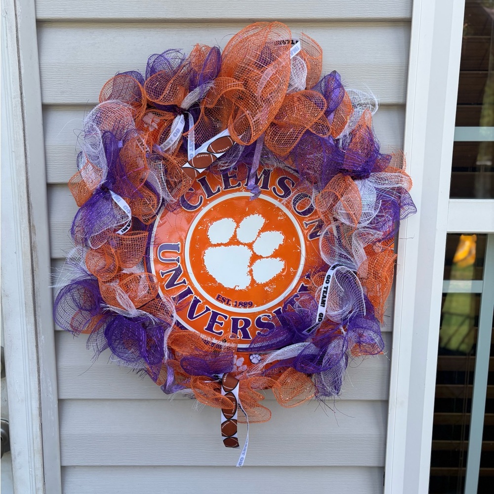 Clemson University Wreath with Orange and Purple Mesh